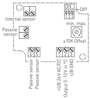 Tilslutningsdiagram for rumtemperaturføler IP30