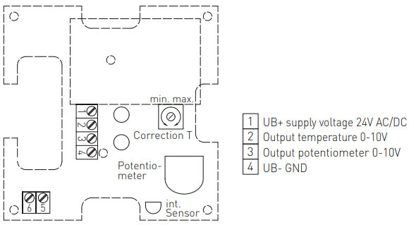 Tilslutningsdiagram for rumtemperaturføler med potentiometer 0-10V