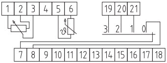 Tilslutningsdiagram for rumtemperaturføler med potentiometer og drejeknap