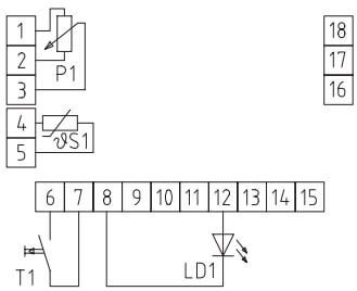 Tilslutningsdiagram for rumtemperaturføler, potentiometer, grøn LED og trykknap