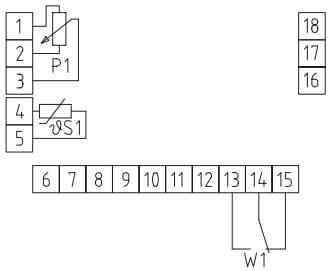 Tilslutningsdiagram for rumtemperaturføler med potentiometer og vippeknap