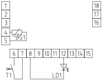 Tilslutningsdiagram for rumtemperaturføler med tryk og LED