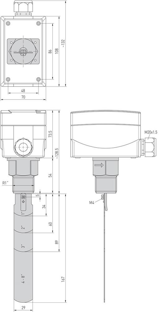 Dimension for Flow Switch SW med forskellige størrelser paddel