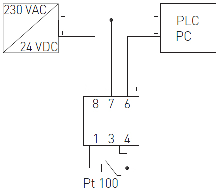 Tilslutningsdiagram for temperatur transmitter 4-20mA