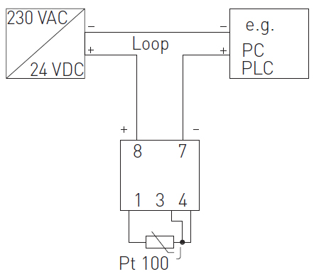 Tilslutningsdiagram for temperatur transmitter 4-20mA