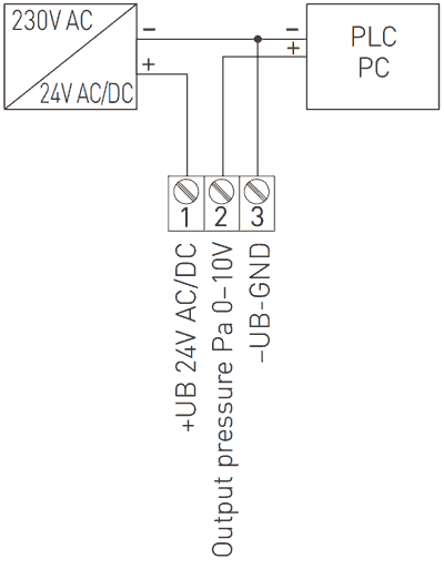 Tilslutningsdiagram tryktransmitter til luft 0-10V