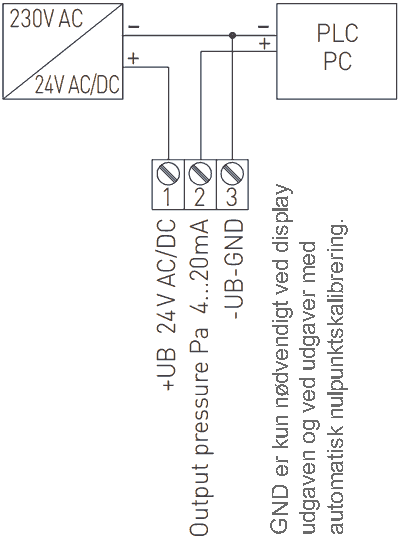 Tilslutningsdiagram for tryktransmitter til luft 4-20mA